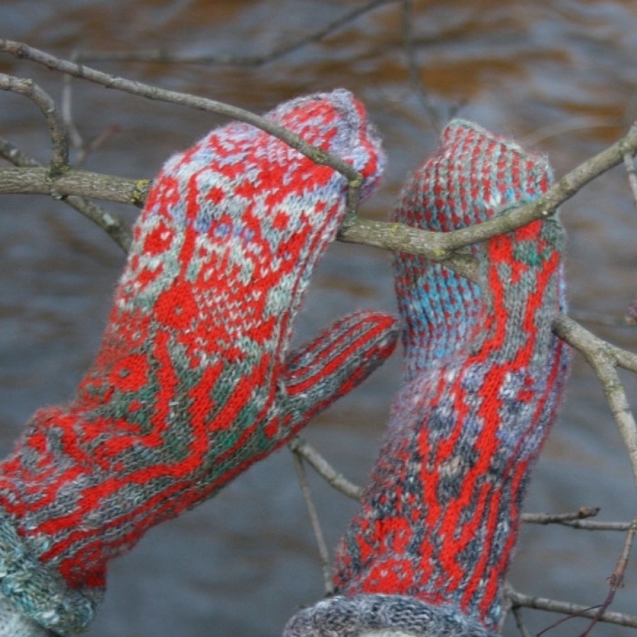 Original, hand knitted, warm, woolen Mittens "Goldfish"