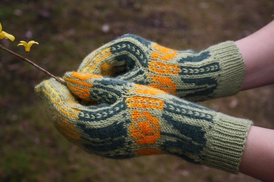 Original, hand knitted, warm, woolen Mittens "Yellow Tulips"