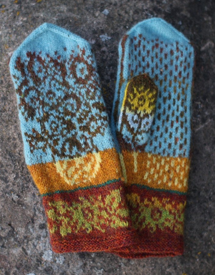 Original, hand knitted, woolen Mittens "Sunflowers"