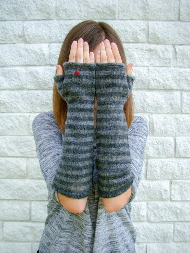 Finger-less mittens. Gray stripes. A heart in your palm or on your hand. Unisex