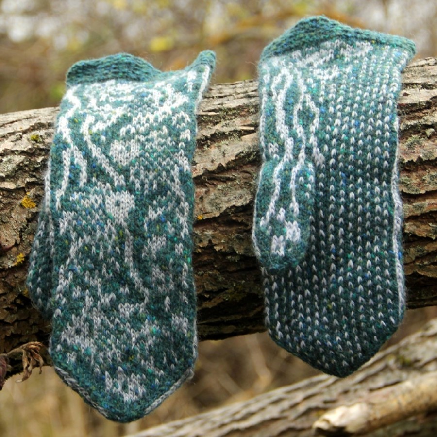 Original, woollen, hand knitted Mittens "Silver Fishies"