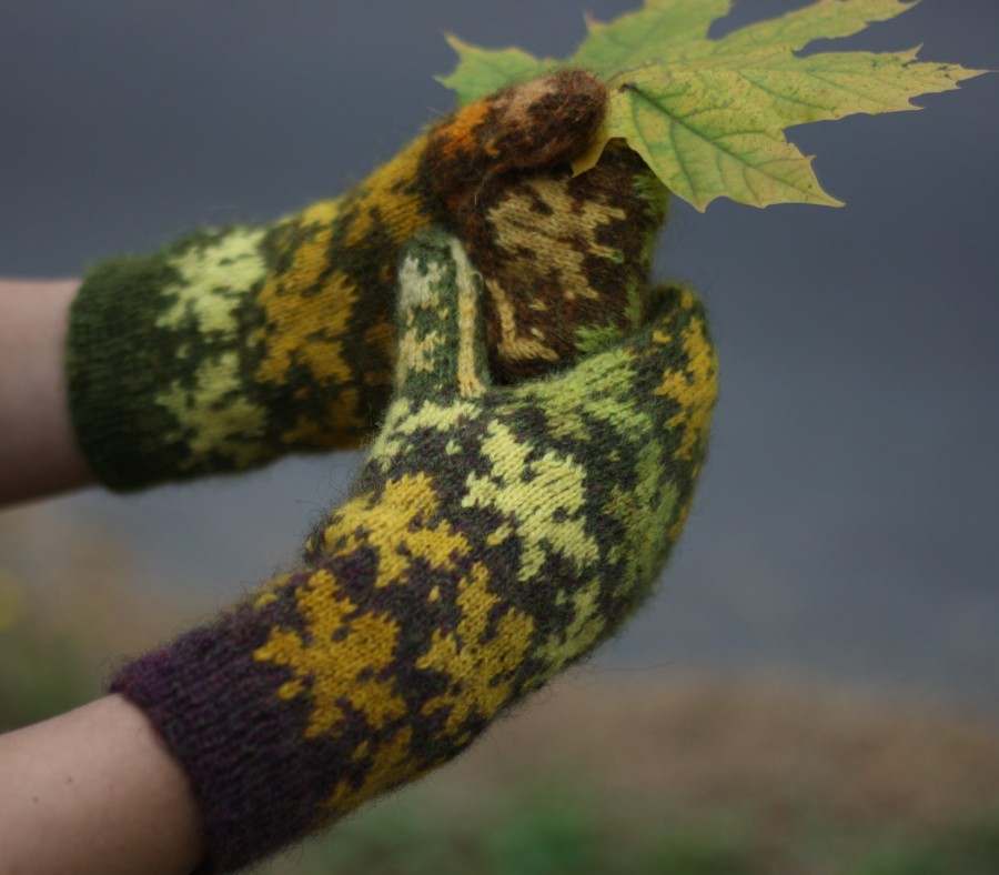 Original, hand knitted, warm, woolen Mittens "Maple Leaves"